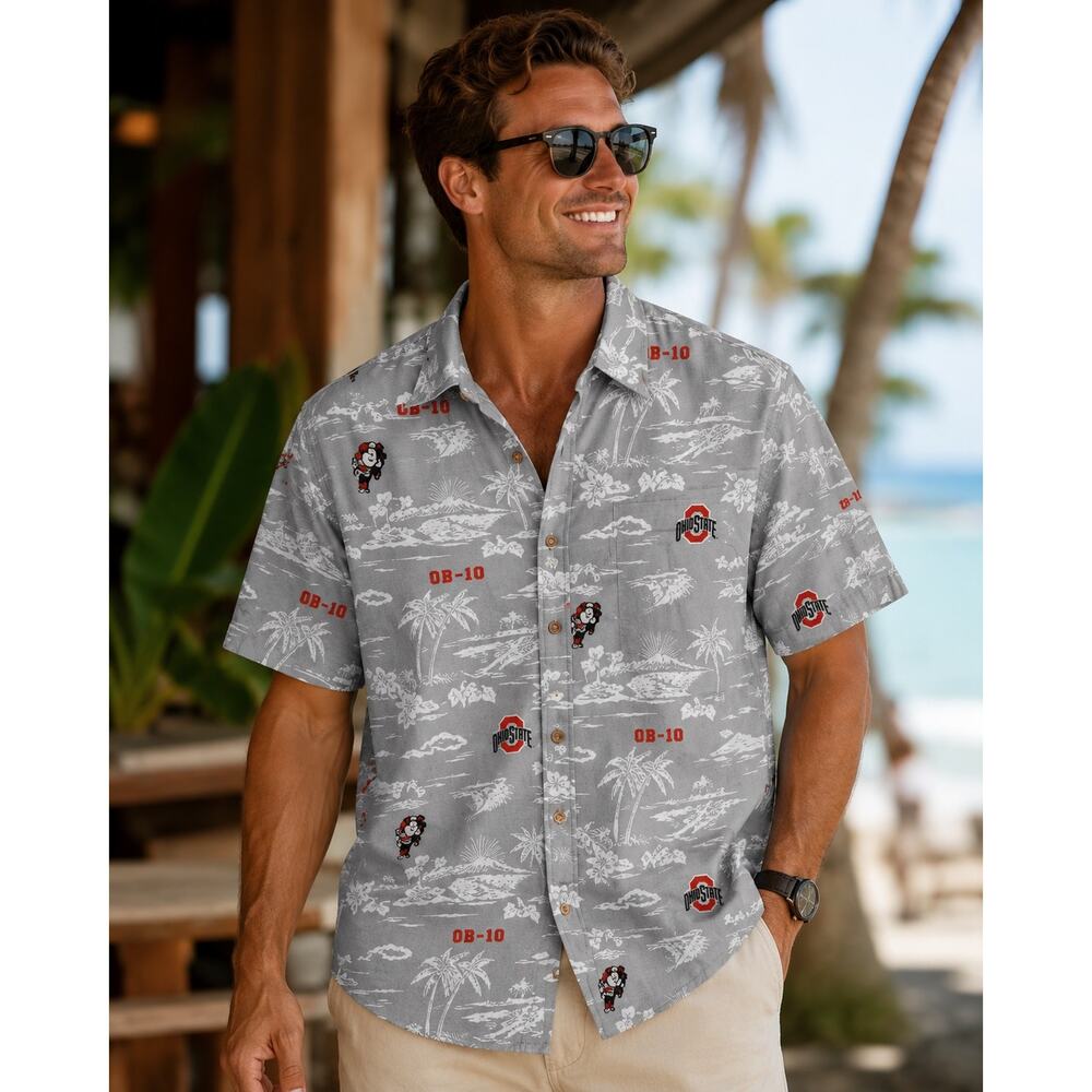 Reyn Spooner Camp Shirt Mens M Gray Ohio State Buckeyes Hawaiian Button Down